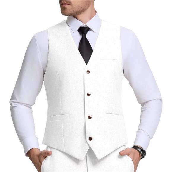 Men Linen Vest Casual Suit Vests Waistcoat White - Picture 1 of 6